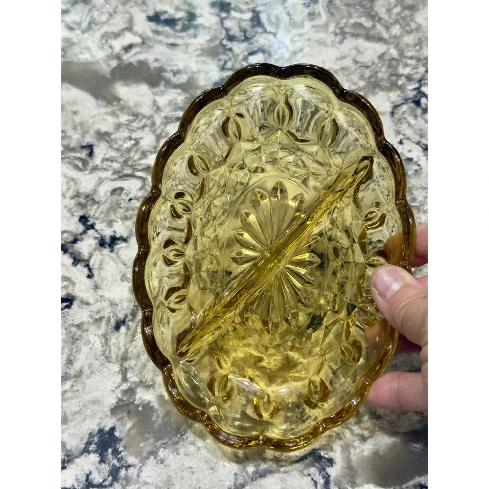 Vintage Clear Oval Amber Glass Divided Dish Candy 7x5